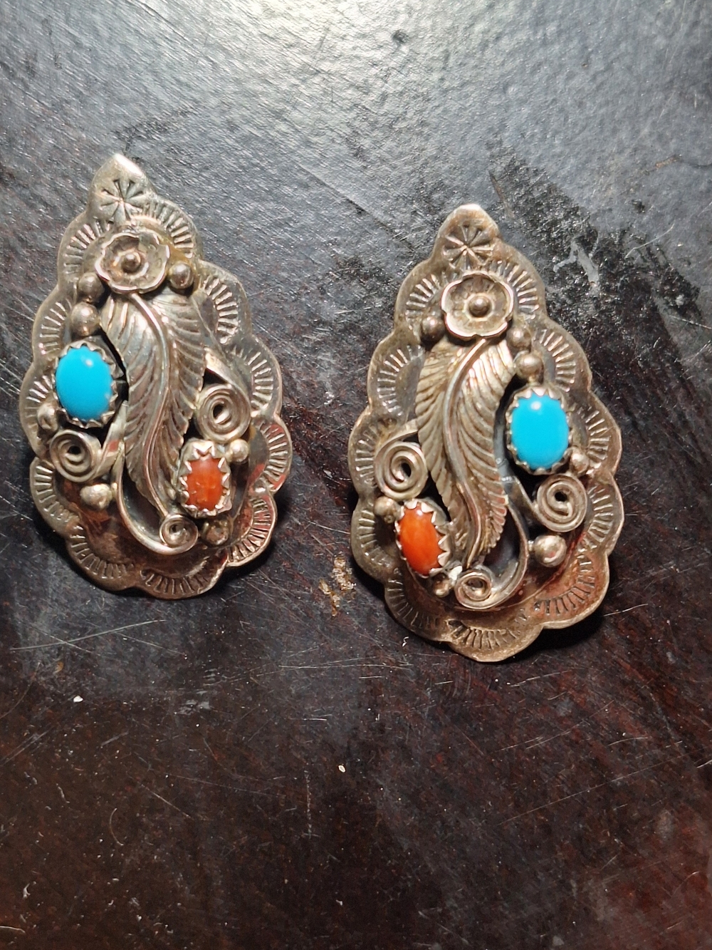 Navajo Sterling Silver Floral Drop Earrings with Turquoise and Coral